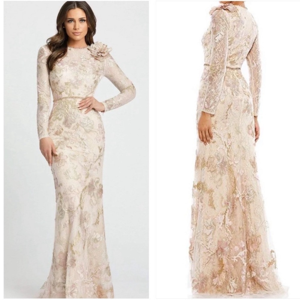 Mac Duggal Lace Embroidered Maxi Gown in Blush and Gold.  Mother of the Bride